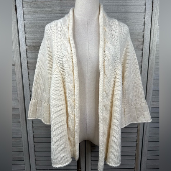 Cejon Sweaters - CEJON Ivory Open Front Cable Knit Pleated 3/4 Sleeve Cardigan Flared Sleeve-M/L
